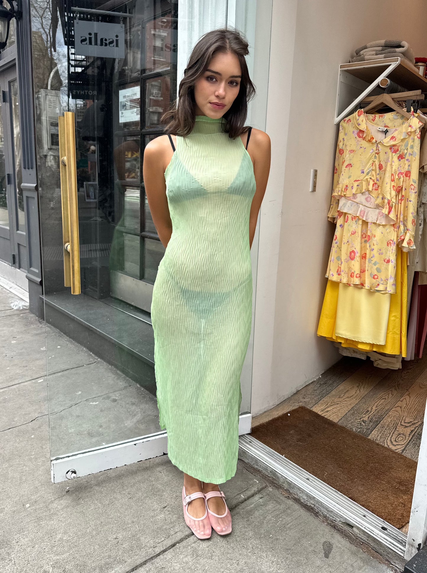 Wave Tank Dress Sheer in Light Green