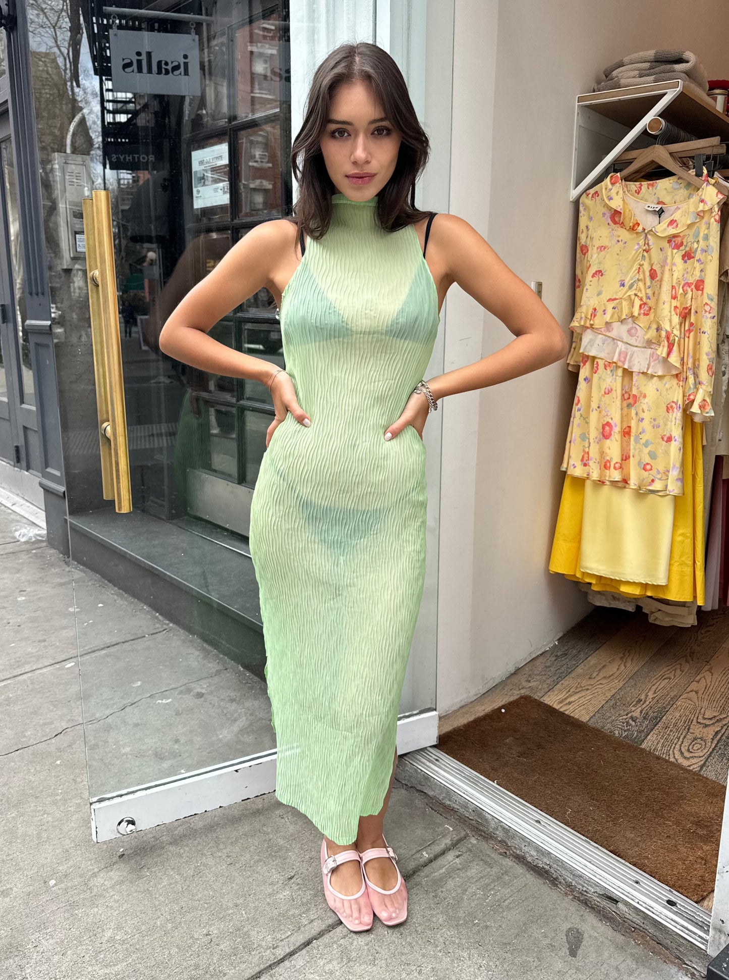 Wave Tank Dress Sheer in Light Green