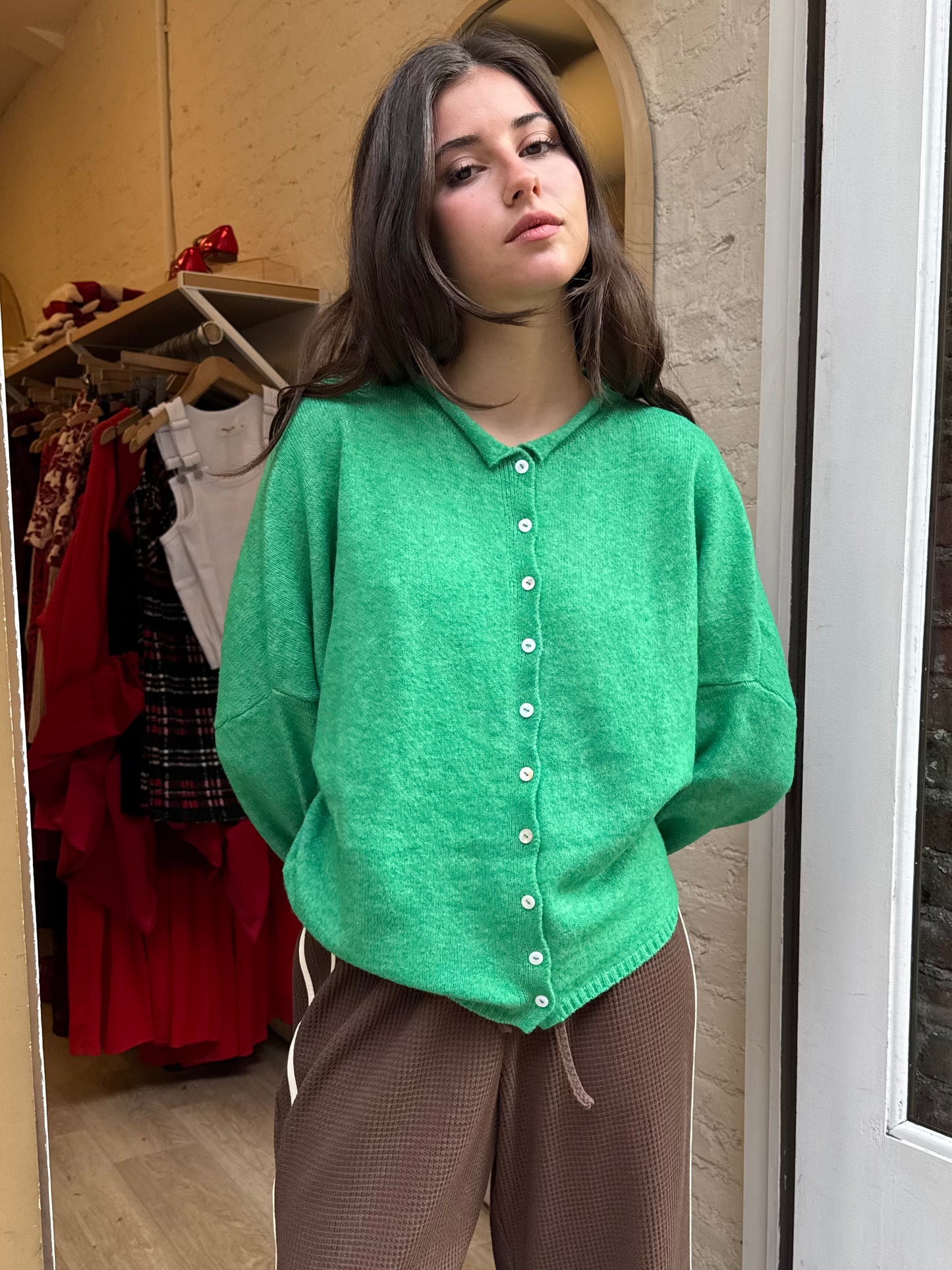 Pisces Button Down Cardigan in Kelly Green