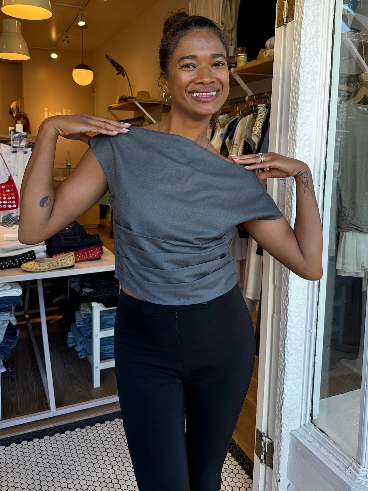 Locust Off-Shoulder Top in Charcoal