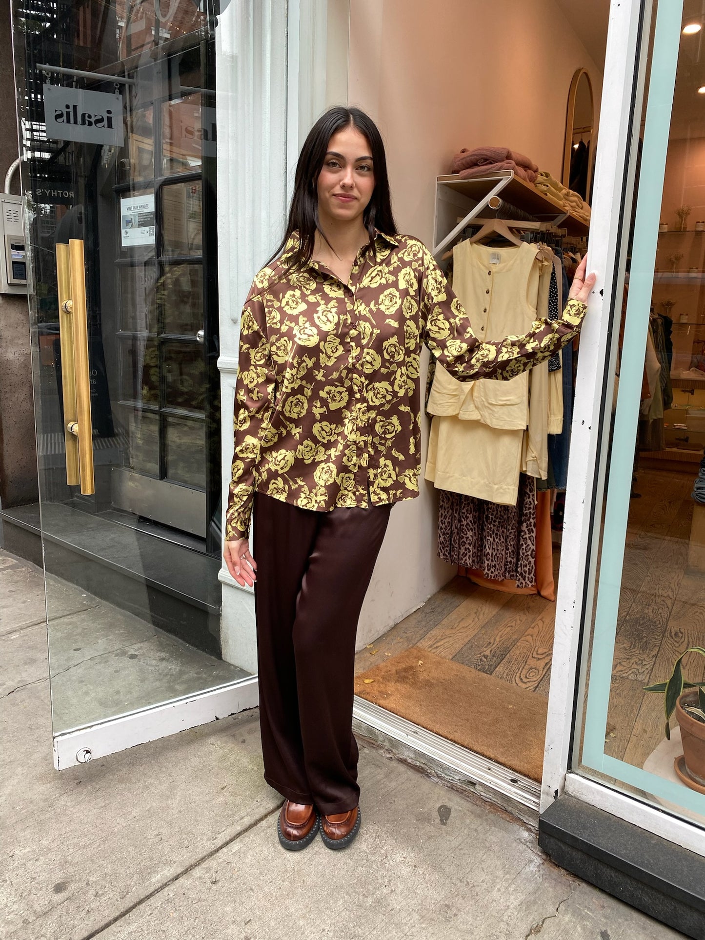 Rosalita Button Up Shirt in Envy & Brown Floral