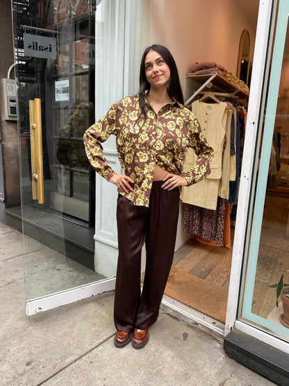 Rosalita Button Up Shirt in Envy & Brown Floral