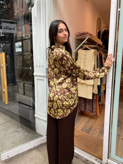 Rosalita Button Up Shirt in Envy & Brown Floral