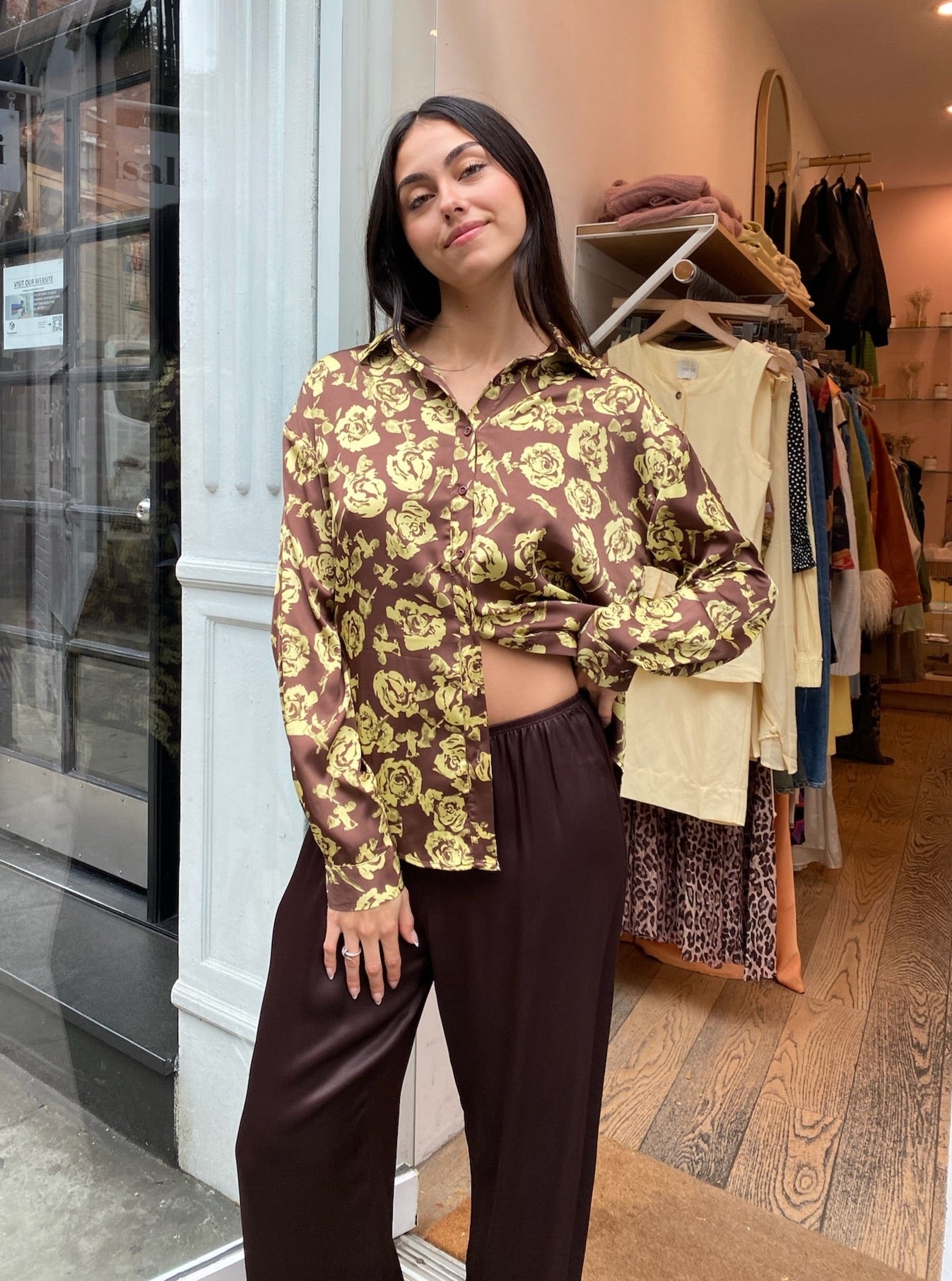 Rosalita Button Up Shirt in Envy & Brown Floral