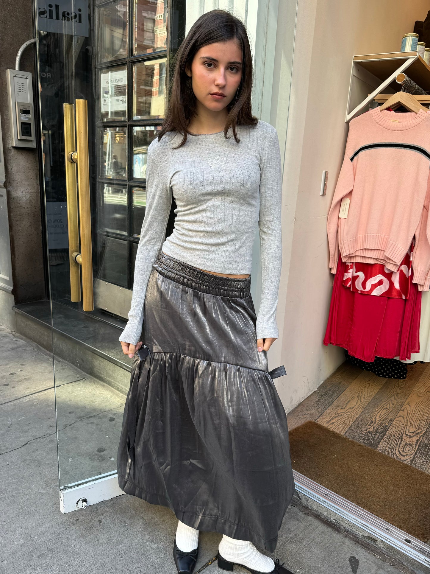 Dempsey Midi Skirt in Grey Glass Satin