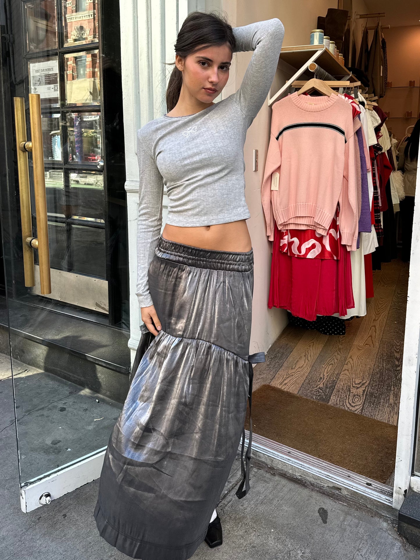 Dempsey Midi Skirt in Grey Glass Satin