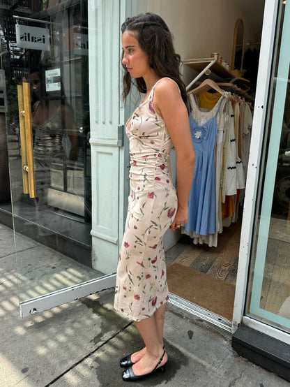 Denali Mesh Midi Dress in Tan Floral