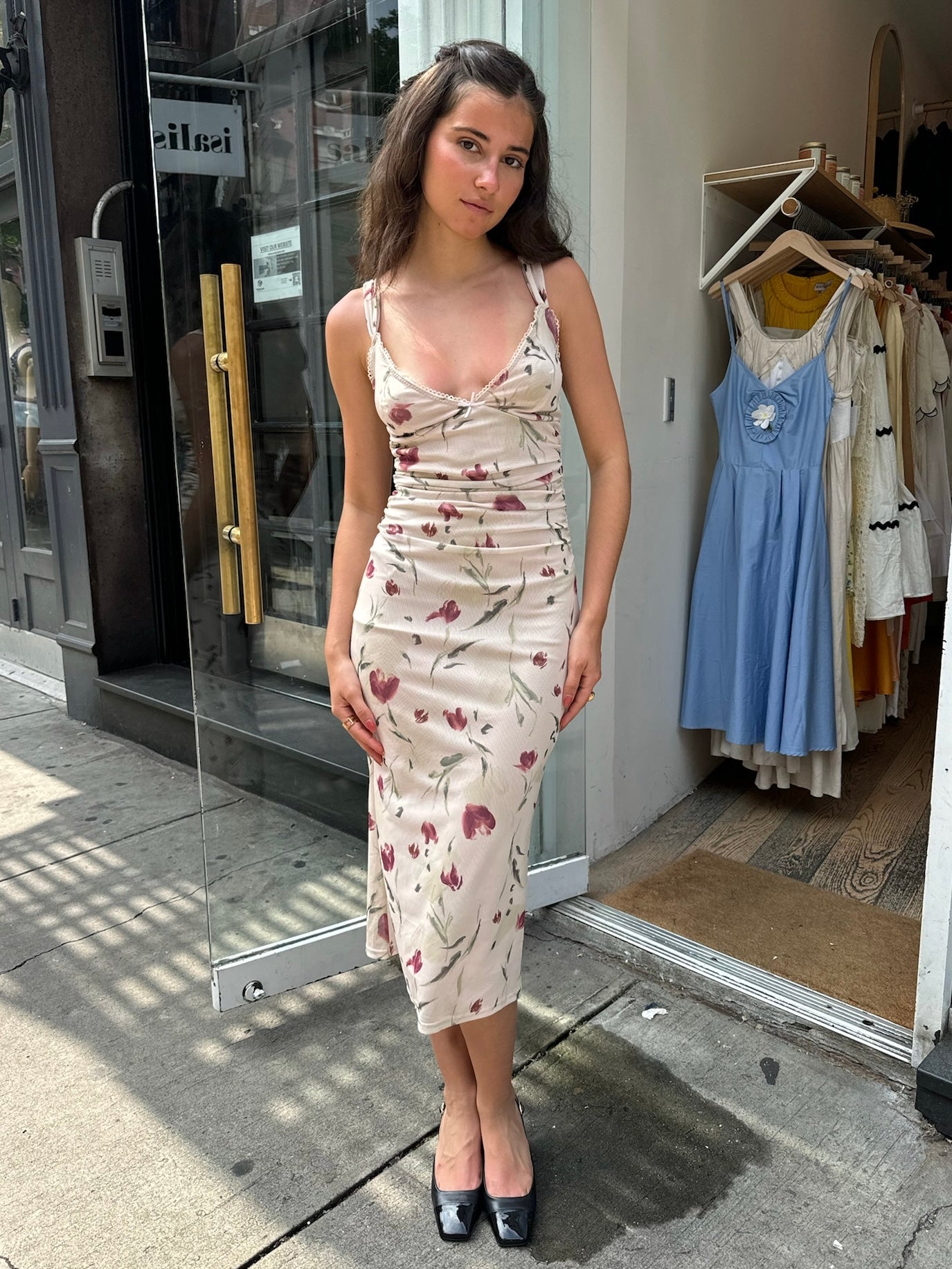 Denali Mesh Midi Dress in Tan Floral