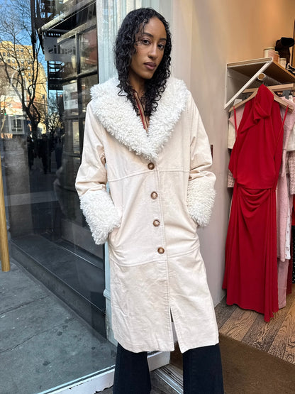 Crystal Faux Fur Coat in Ivory