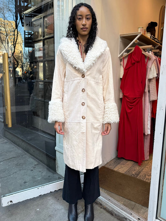 Crystal Faux Fur Coat in Ivory