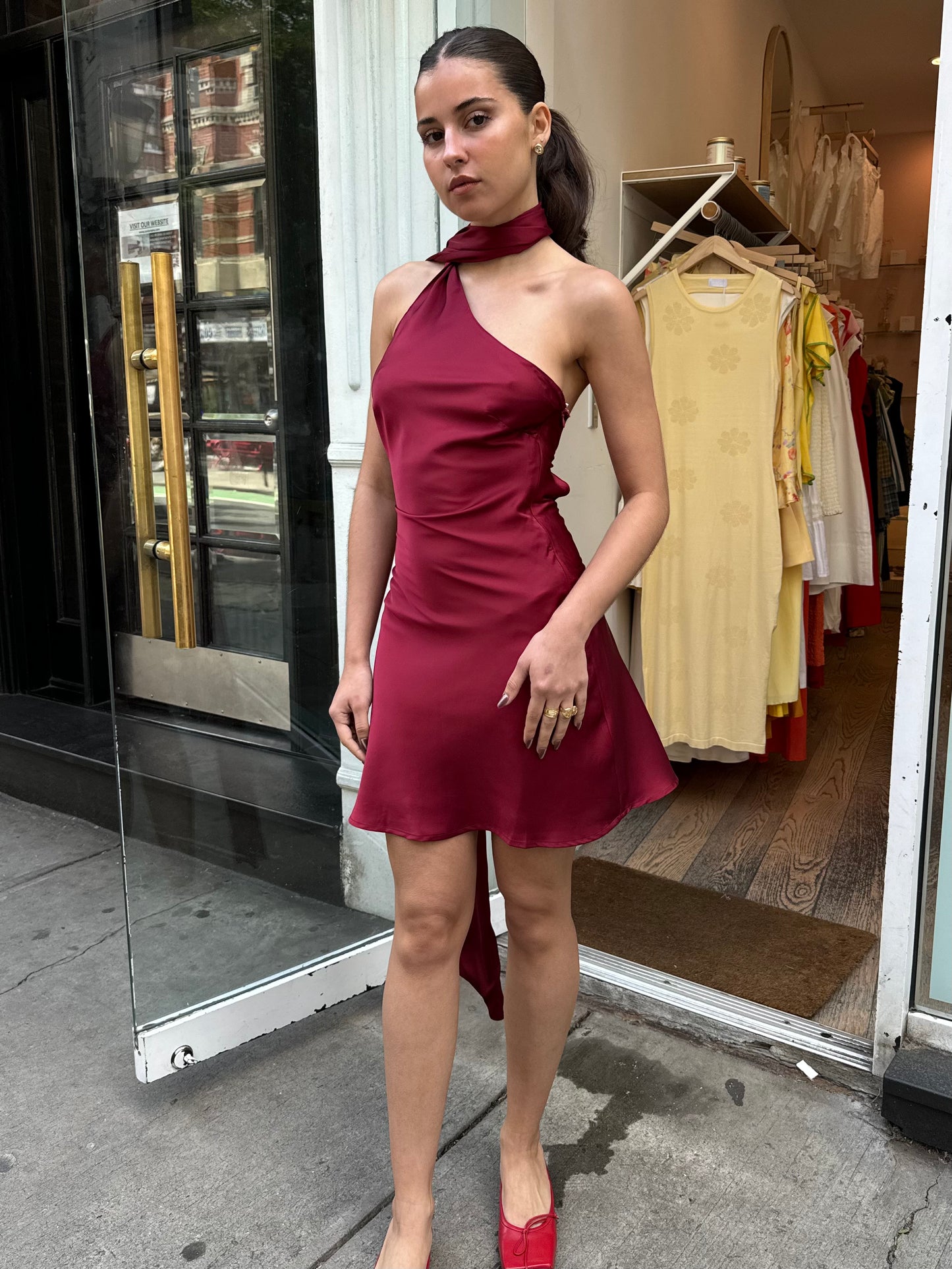 Arwen One Shoulder Scarf Mini Dress in Burgundy