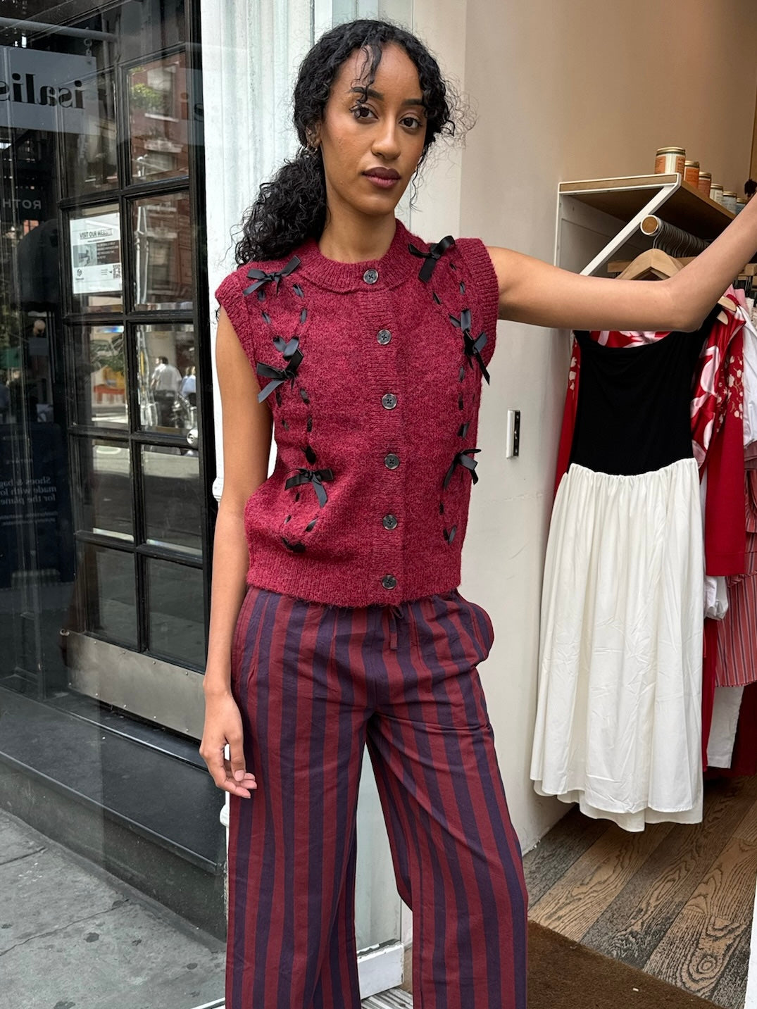 Aggie Knit Vest with Bows in Burgundy Cable