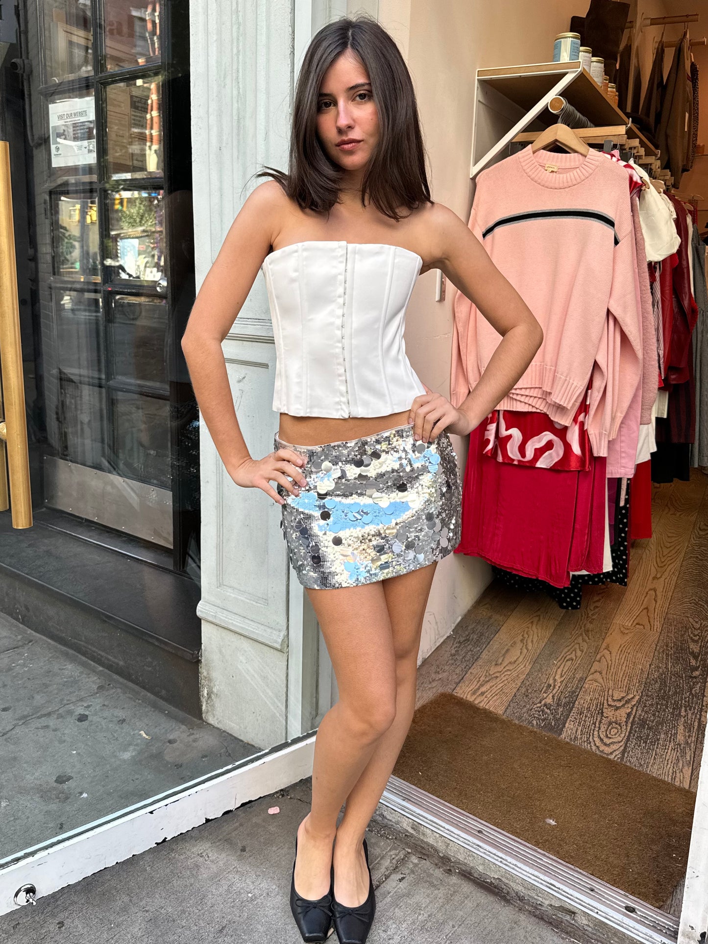 Low Rise Paillette Skirt in Silver