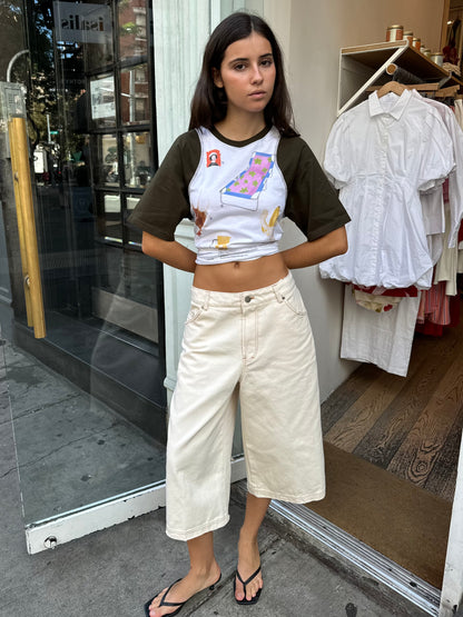 Worn Denim Culotte Shorts in Off White