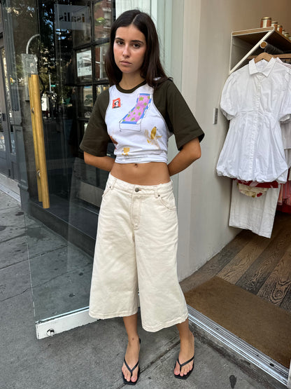 Worn Denim Culotte Shorts in Off White