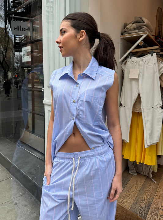 The Stripe Pop Sleeveless Shirt in Tomato Pinstripe