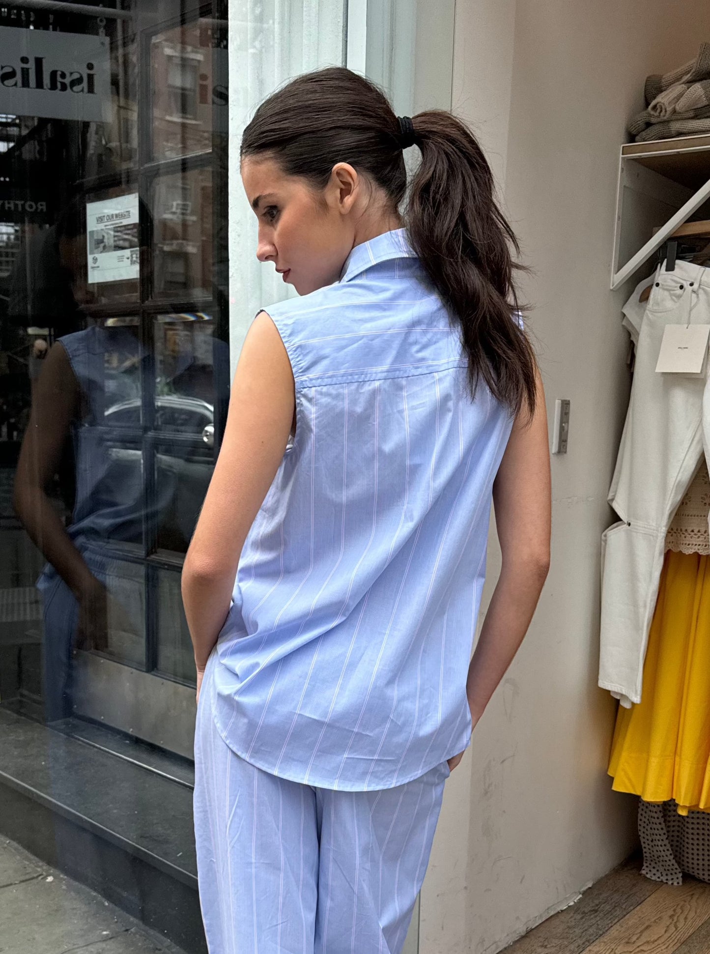 The Stripe Pop Sleeveless Shirt in Tomato Pinstripe