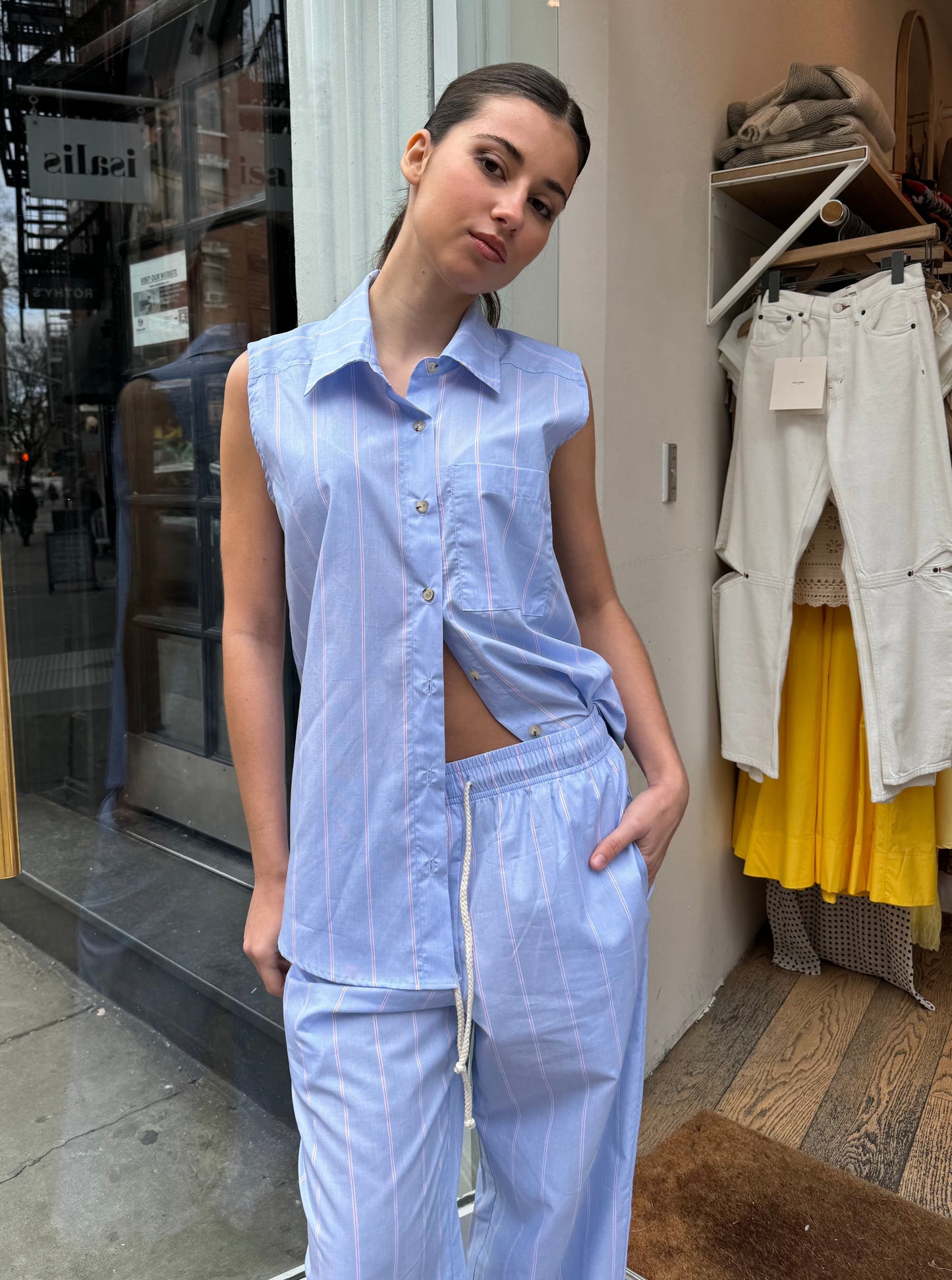 The Stripe Pop Sleeveless Shirt in Tomato Pinstripe