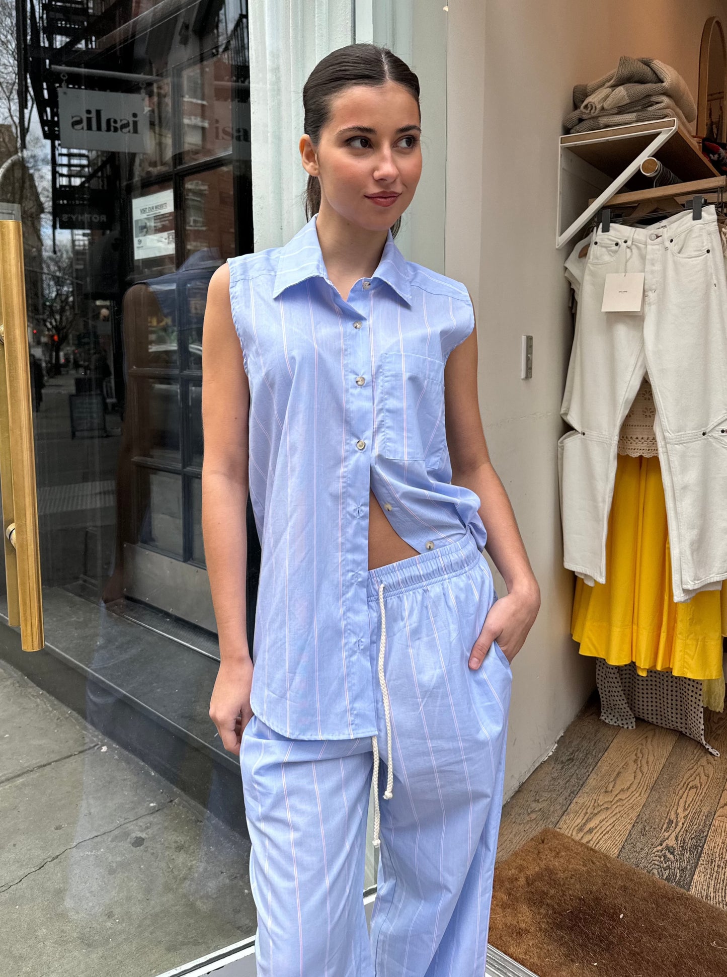 The Stripe Pop Sleeveless Shirt in Tomato Pinstripe