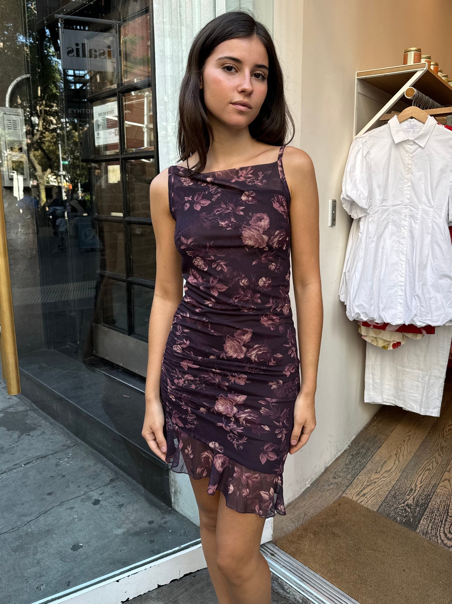 Auburn Mesh Mini Dress in Purple Floral