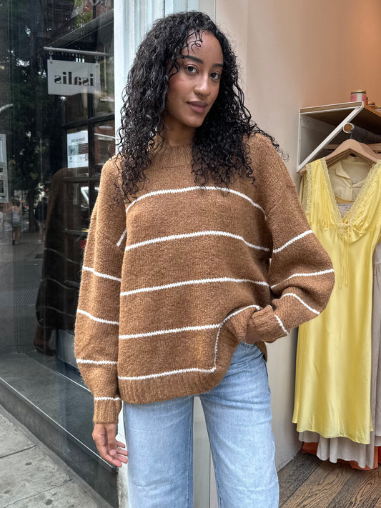 Carlen Mock Neck Sweater in Caramel White Stripe