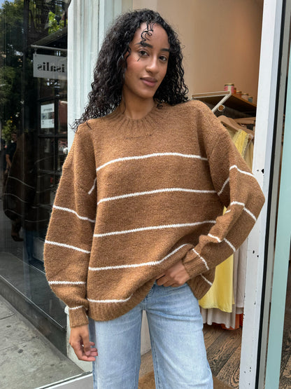 Carlen Mock Neck Sweater in Caramel White Stripe