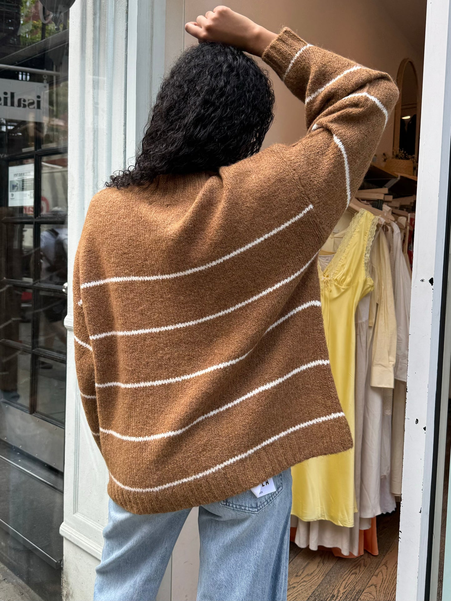 Carlen Mock Neck Sweater in Caramel White Stripe