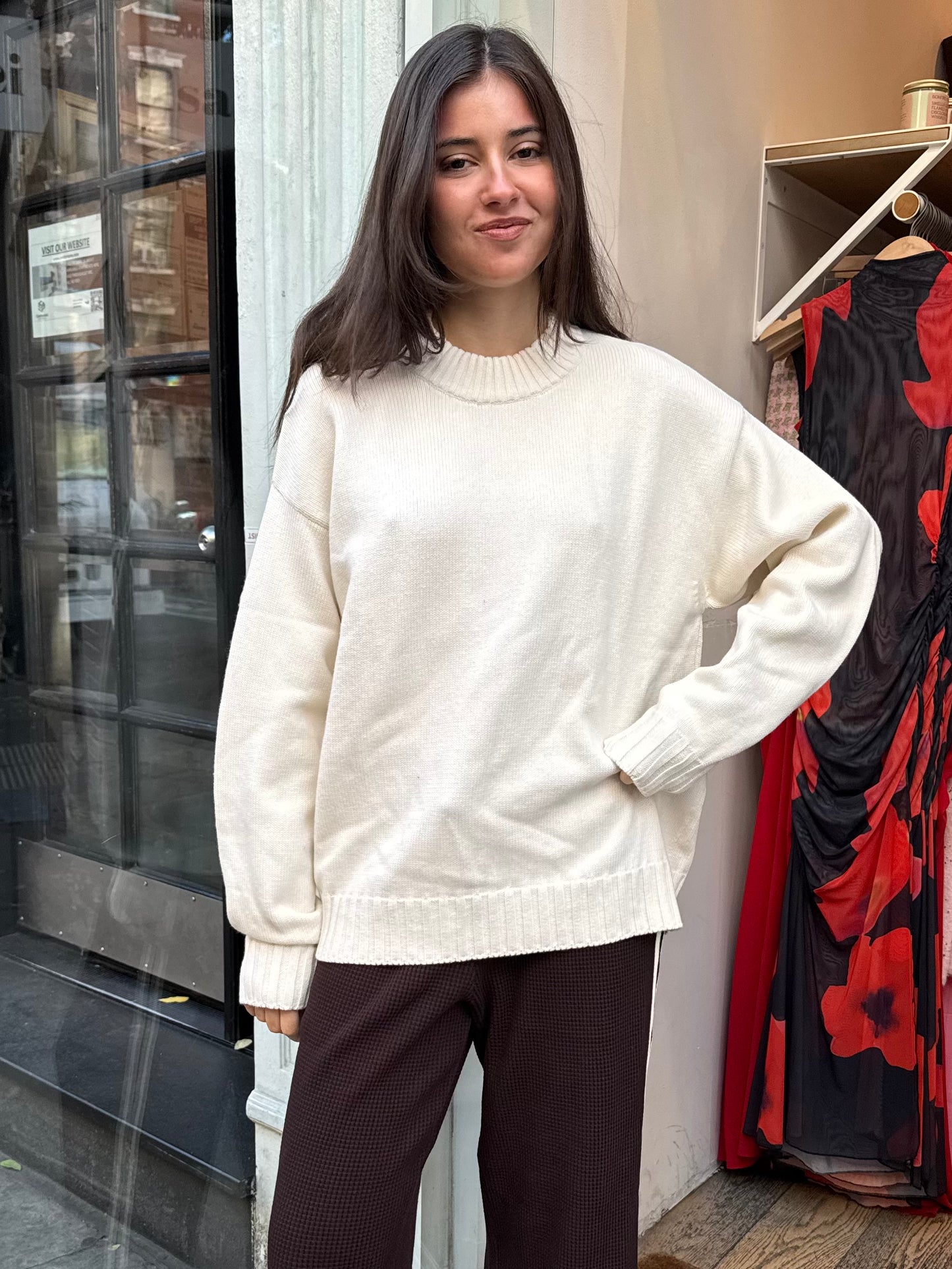 Cotton Cashmere Crewneck Sweater in Creme