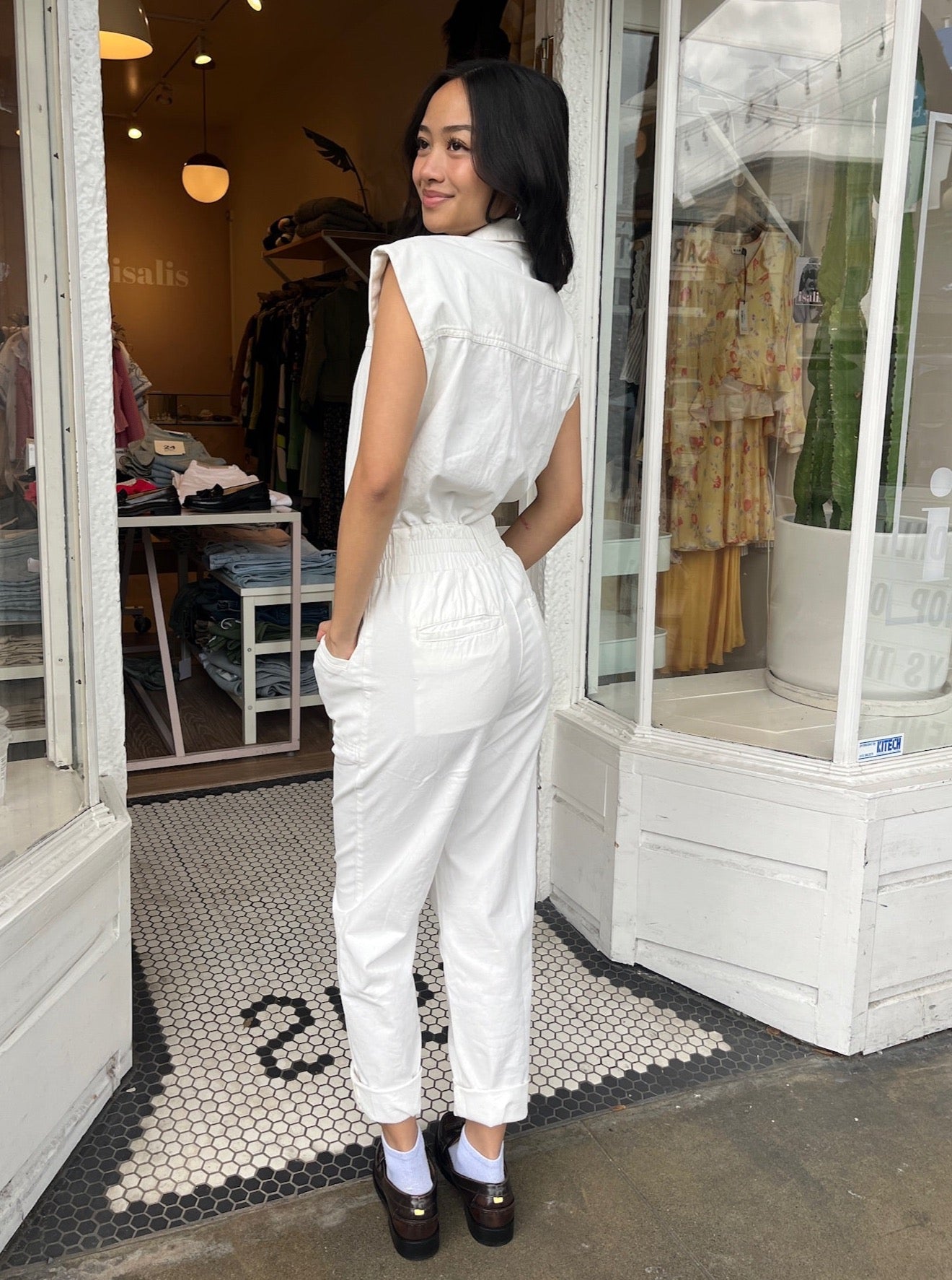 Rosie Shoulder Pad Jumpsuit in Porcelain