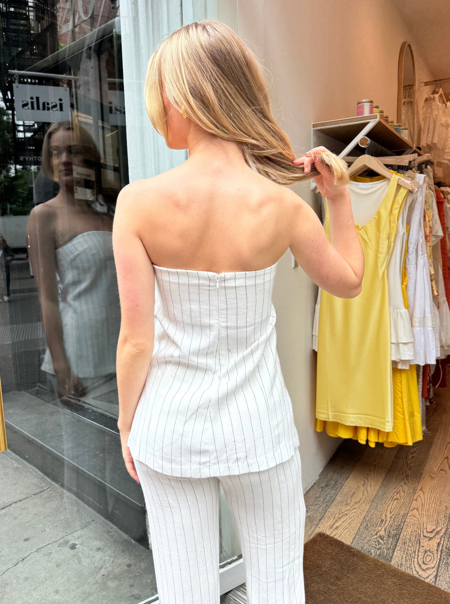 Beta Linen Strapless Top in Ivory Black Pinstripe