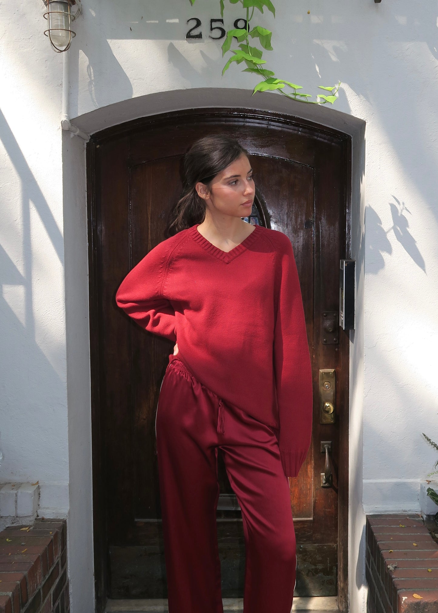 The Cotton V-Neck Sweater in Rouge