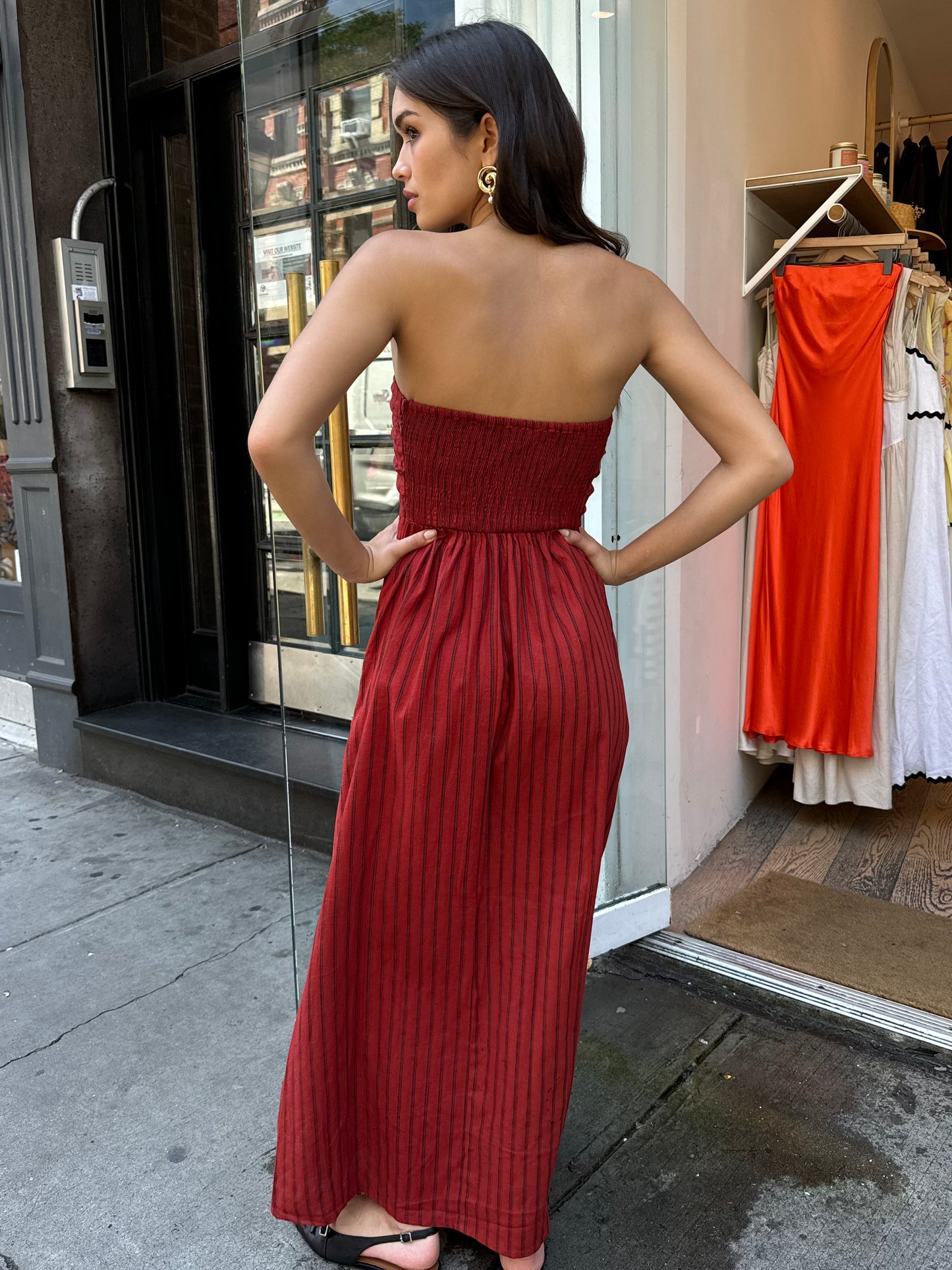 Love Linen Strapless Dress in Rust Stripe