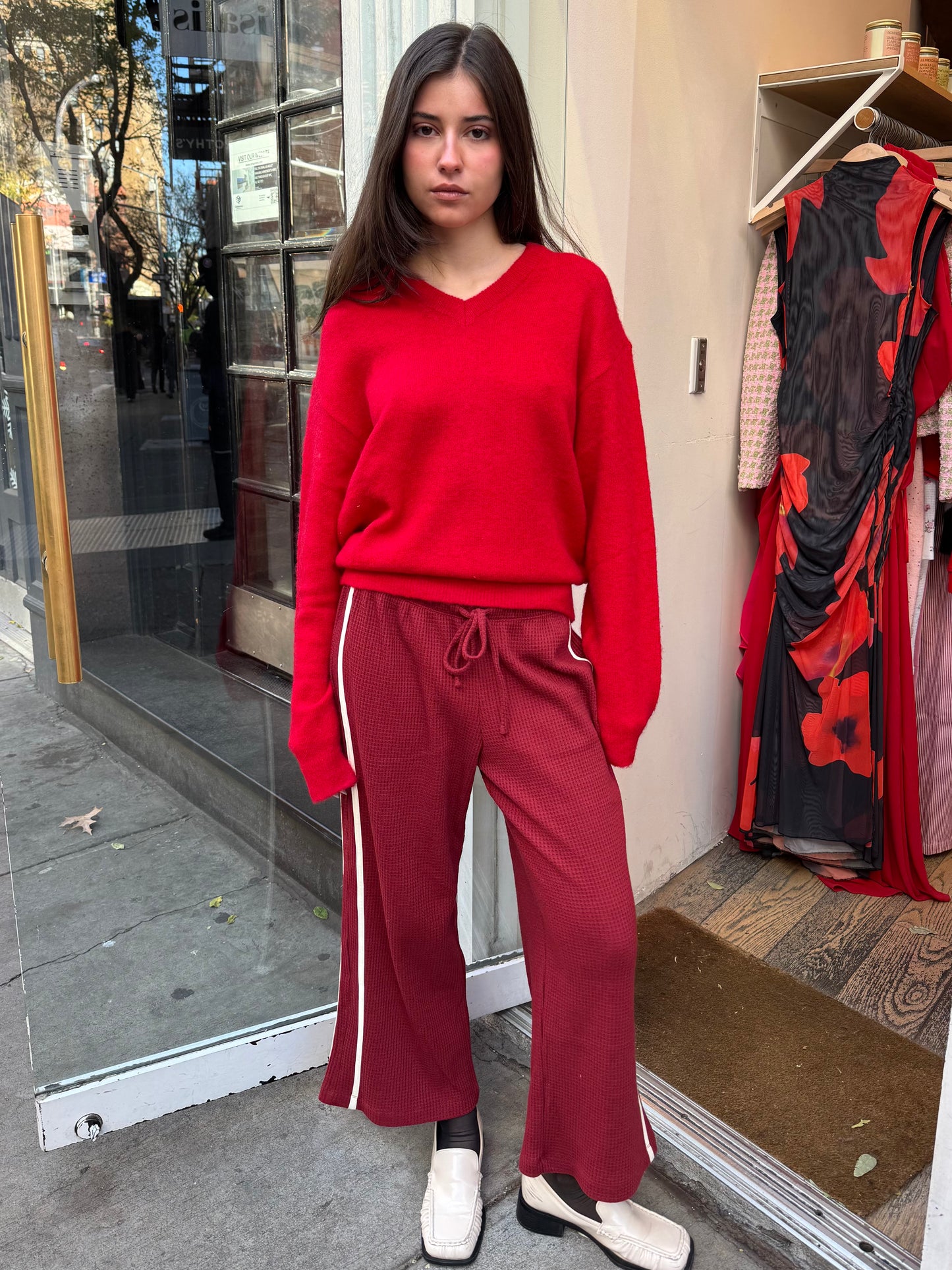 Shea Cropped Waffle Pants in Maroon