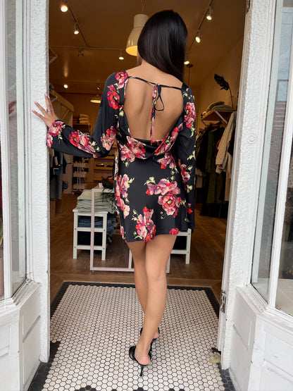 Joy Open Back Dress in Black & Red Floral