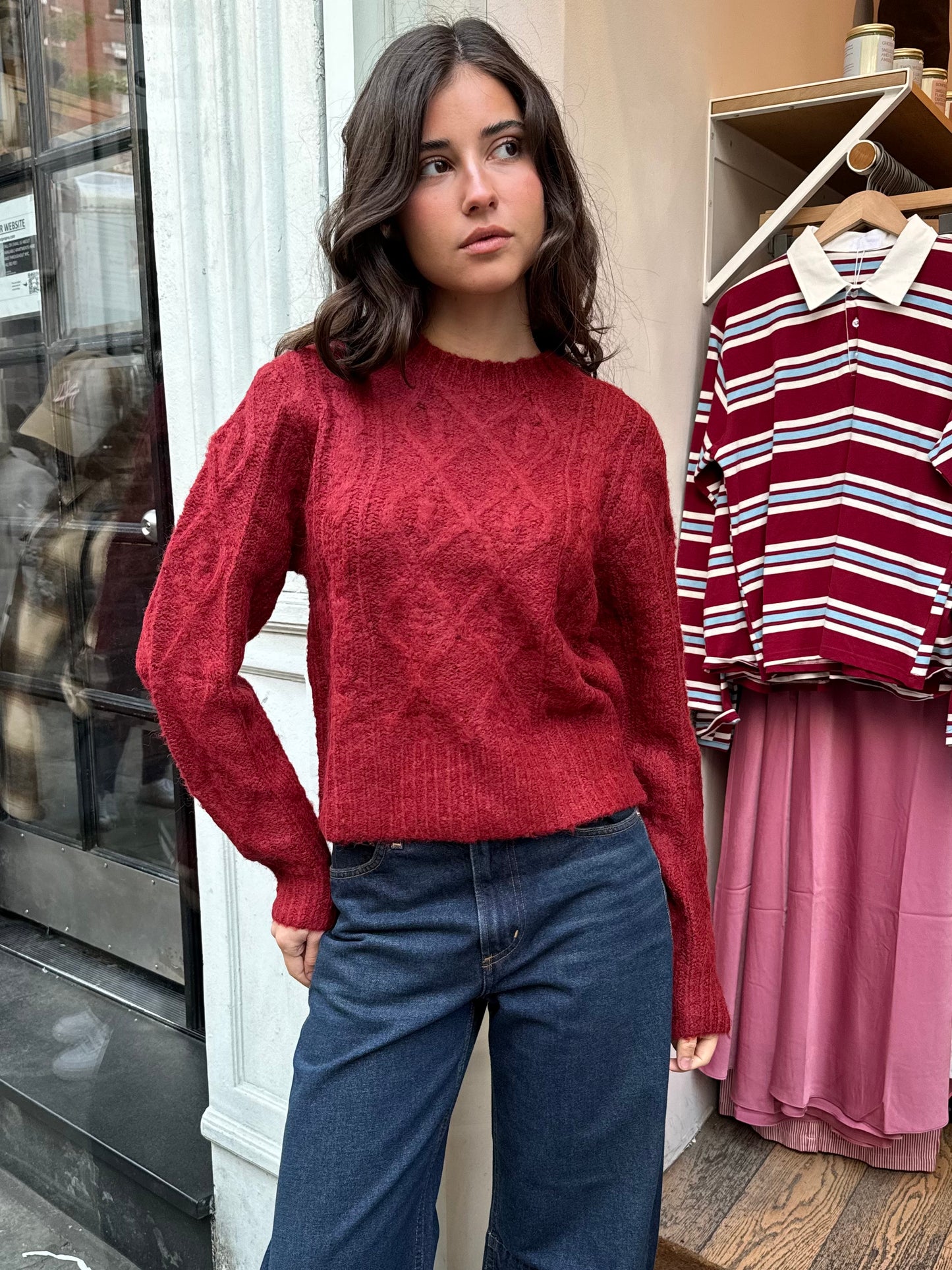 Cable Knit Sweater in Ruby