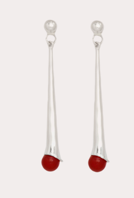 Drop Cone Stone Earrings in Silver/Red