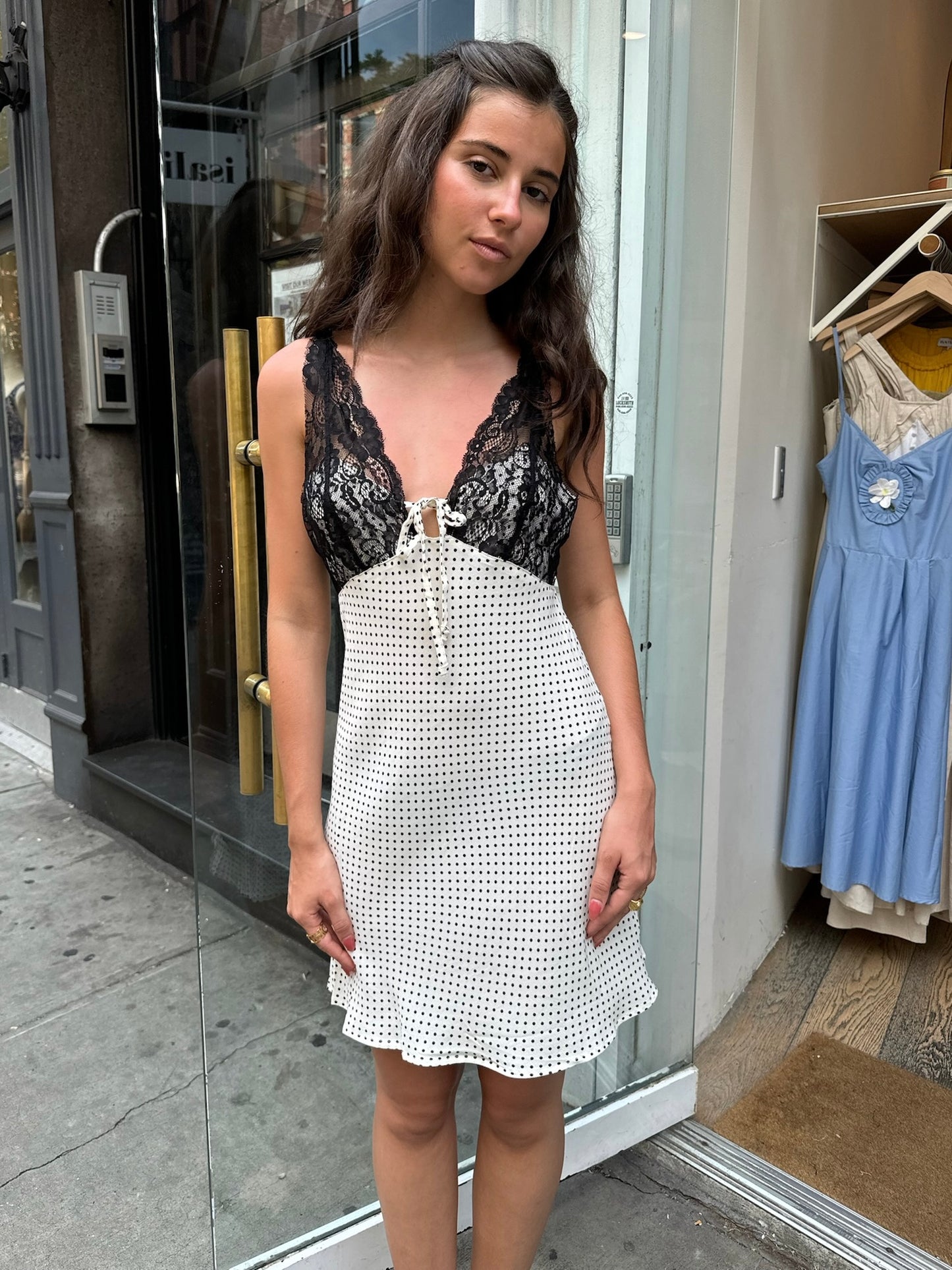 Birdie Lace Mini Dress in Ivory Dot